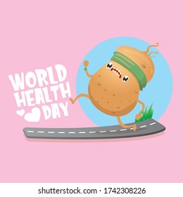 World health care day vector illustration with cartoon funky potato character running or jogging outdoor. Cute sporty healthy vegetable character making cardio sport exercise. Fitness cardio concept