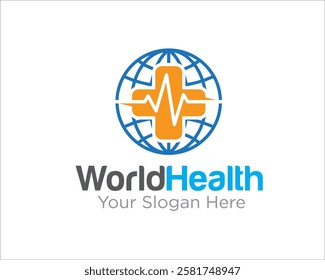 world health with cross and cardiograph logo designs for medical service