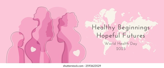 World Health Day 2025 banner template. Healthy beginnings, hopeful futures background with future Mother Female abstract silhouettes. Profile of pregnant girls with earth map