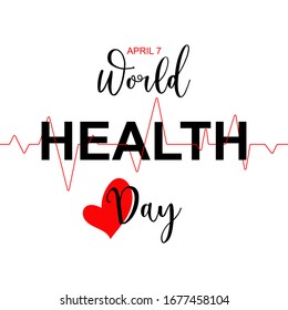 World health day 7 April concept poster, banner, greeting card. Medicine, healthcare vector illustration with heartbeat and red heart on white background.
