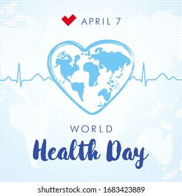World health day 7 April lettering and heartbeat square banner. World map in heart brush stroke frame the normal cardiogram. Isolated abstract graphic design template. Creative medical blue background