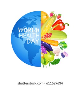 World Health Day 7 April Global Holiday Vitamins And Nutrition Concept Flat Vector Illustration