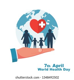 World Health Day 7th April. In hand man, planet and family under medical protection. Globe and heart with cross as symbol of protection. Vector illustration flat design. Isolated on white background