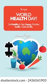 World Health Day. 7th April World Health day story banner, social media post with icons of dumbbell, carrot, apple, water glass, tomato, heartbeat and earth globe in heart shape. Healthy life style 