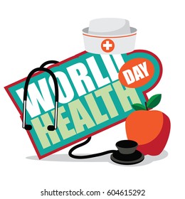 World Health Day apple, nurse hat and stethoscope icon. Flat design. IEPS 10 vector.