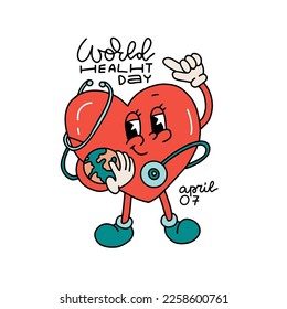 World health day - april 07 and global holiday concept. Isolated groove retro chartoon character of red heart holding planet earth and stethoscope . Linear flat vector illustration.