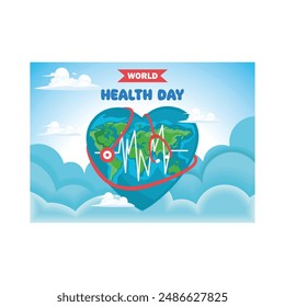 World Health Day, April 7. Heart shaped earth tied to stethoscope. World Health Day concept. Flat vector illustration.