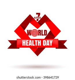 World Health Day. April 7. Vector illustration with heart, ribbon and globe icon. Health Day poster