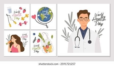 World Health Day, April 7th items, Cards, Template, Earth and fruits, vegetables, sport