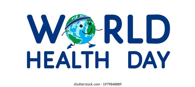 World health day in April, vector banner, logo, poster, flyer,  template. Cute happy cartoon planet Earth runs, globe as athlete is wearing sport shoes. Healthy lifestyle concept at white background