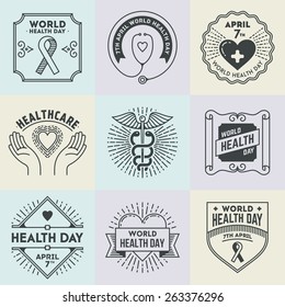 World health day. Assorted retro design insignias logotypes set. Vector vintage elements.