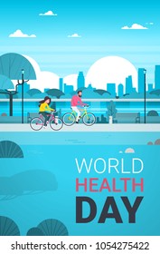 World Health Day Background With Couple Riding Bike In Park Healthcare Holiday Banner