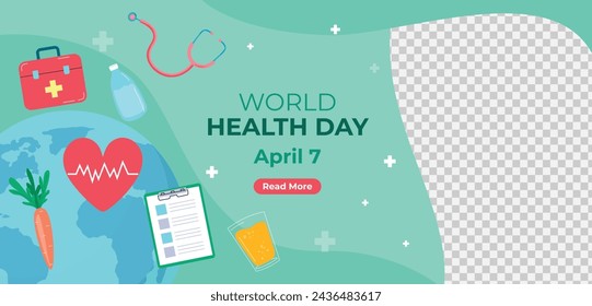 World Health Day background. Happy World Health Day Celebration. heart and stethoscope. April 7. Vector illustration design for Poster, Banner, Flyer, Greeting, Card, Post, Cover, Awareness campaign.