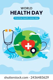 World Health Day background. Happy World Health Day Celebration. heart and stethoscope. April 7. Vector illustration design for Poster, Banner, Flyer, Greeting, Card, Post, Cover, Awareness campaign.