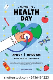 World Health Day background. Happy World Health Day Celebration. heart and stethoscope. April 7. Vector illustration design for Poster, Banner, Flyer, Greeting, Card, Post, Cover, Awareness campaign.