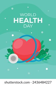 World Health Day background. Happy World Health Day Celebration. heart and stethoscope. April 7. Vector illustration design for Poster, Banner, Flyer, Greeting, Card, Post, Cover, Awareness campaign.