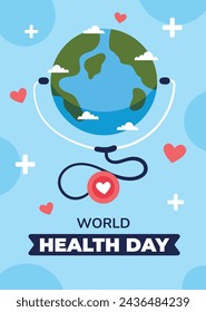 World Health Day background. Happy World Health Day Celebration. heart and stethoscope. April 7. Vector illustration design for Poster, Banner, Flyer, Greeting, Card, Post, Cover, Awareness campaign.