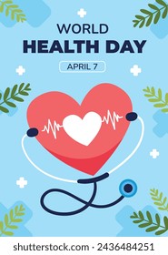 World Health Day background. Happy World Health Day Celebration. heart and stethoscope. April 7. Vector illustration design for Poster, Banner, Flyer, Greeting, Card, Post, Cover, Awareness campaign.