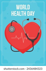 World Health Day background. Happy World Health Day Celebration. heart and stethoscope. April 7. Vector illustration design for Poster, Banner, Flyer, Greeting, Card, Post, Cover, Awareness campaign.