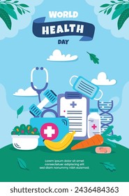 World Health Day background. Happy World Health Day Celebration. heart and stethoscope. April 7. Vector illustration design for Poster, Banner, Flyer, Greeting, Card, Post, Cover, Awareness campaign.