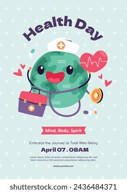 World Health Day background. Happy World Health Day Celebration. heart and stethoscope. April 7. Vector illustration design for Poster, Banner, Flyer, Greeting, Card, Post, Cover, Awareness campaign.