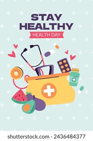 World Health Day background. Happy World Health Day Celebration. heart and stethoscope. April 7. Vector illustration design for Poster, Banner, Flyer, Greeting, Card, Post, Cover, Awareness campaign.