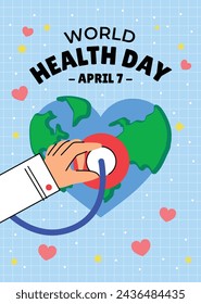 World Health Day background. Happy World Health Day Celebration. heart and stethoscope. April 7. Vector illustration design for Poster, Banner, Flyer, Greeting, Card, Post, Cover, Awareness campaign.