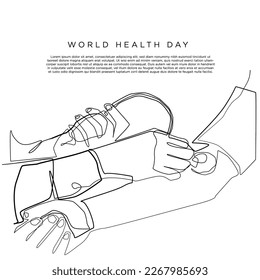 world health day background.continuous line of doctors checking health with stethoscope. one line drawing of doctor examining patient