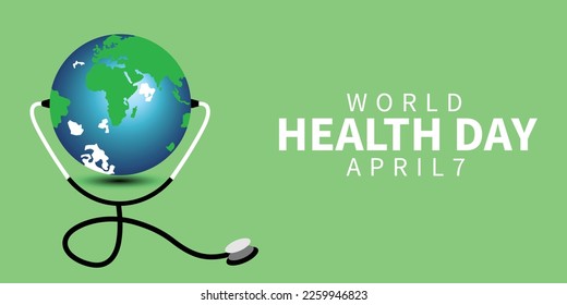 World health day banner. 7 april banner. Green background banner with stethoscope and world globe.