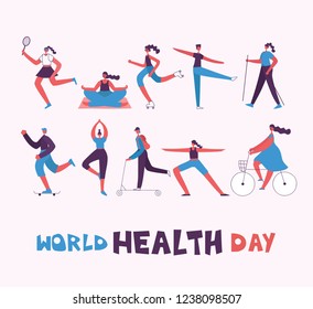 World health day banner with different sport men and women doing  sport activities in a flat style. 
