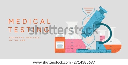 World Health Day Banner, Microscope, DNA Helix, Lab Flasks, Medicine Bottle, Test Tube. Healthcare research concept with copy space, flat Vector Illustration on light background.