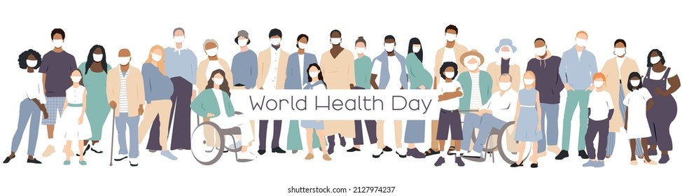 World Health Day banner. People of different ethnicities stand side by side together. People in white medical face masks.	