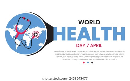 World Health Day banner with stethoscope and world map. Vector illustration.