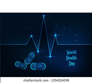 World Health Day banner template with glowing low polygonal heartbeat line, pills and text on dark blue background. Medicine, healthcare concept. Futuristic wireframe vector illustration