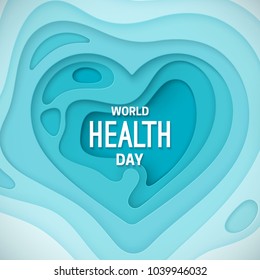 World Health Day Banner. Vector Paper Cut Illustration. 3d Heart Relief Made Of Blue Paper Carved Layers. Awareness Day. Healthcare Concept.