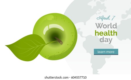 World health day banner. Vector illustration with green apple, map and text