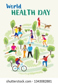 World Health Day card or poster. Healthy lifestyle. Young people in the park are walking, riding roller skates, bike, scooter, skateboard, doing exercises.