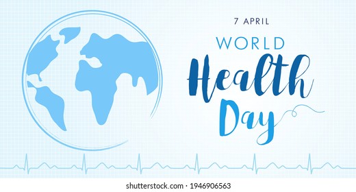 World Health Day cardio poster light with earth and text. Medical Health Day poster design with planet earth, cardiogram and lettering for celebration of April 7 holiday. Vector illustration