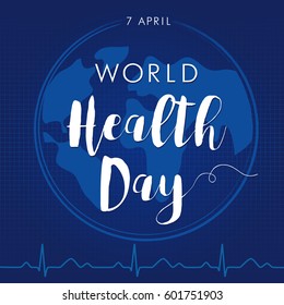 World Health Day cardiogram globe card. Globe and normal puls trace as a concept for 7 April, World Health Day