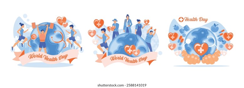 World Health Day is celebrated every April 7. A group of people leading an active healthy lifestyle.Hand holding globe with medical equipment. World Health Day concept. Set flat vector illustration.