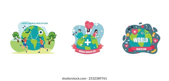 World Health Day is celebrated on April 7. Group of people around the world living a healthy lifestyle World Health Day. The Importance of Health and Lifestyle. Set flat vector modern illustrations