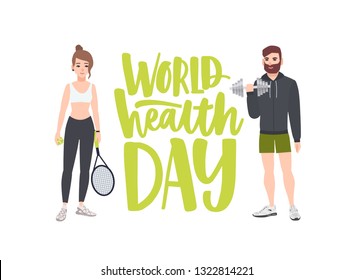 World Health Day celebratory banner with people performing physical exercise, fitness workout, sports, male bodybuilder with dumbbell and female tennis player. Flat cartoon vector illustration.