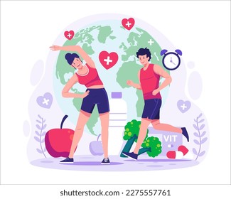 World Health Day. Characters of people exercising to stay healthy. Healthy lifestyle. Running and Yoga. Vector Illustration