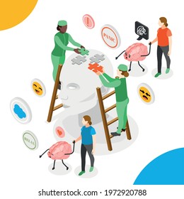 World health day composition with characters of doctors caring for human brain isometric vector illustration