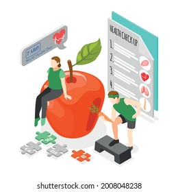 World health day composition with man doing sport woman sitting on red apple and checkup paper on white background isometric vector illustration