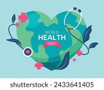 World health day concept, 7 April, background vector. Hand drawn comic doodle style of earth, heart, stethoscope. Design for web, banner, campaign, social media post.