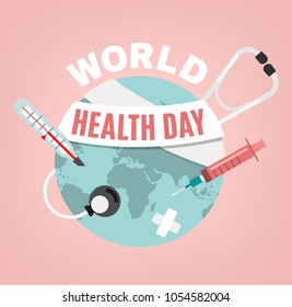 World health day concept. 7 April 2018. Medicine and healthcare image. Editable vector illustration in pink, blue and grey colors isolated on a light background.