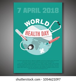 Concepto del Día Mundial de la Salud. 7 de abril de 2018. Imagen de la medicina y de la sanidad en forma plana. Ilustración vectorial editable en colores médicos.