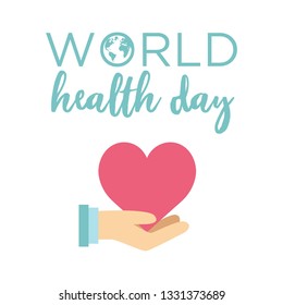 World health day concept. 7 April 2018. Medicine and healthcare image in flat style. Editable vector illustration in medical colors. Hand is holding heart.  Concept for World Health Day. 
