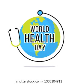 World health day concept. 7 April 2018. Medicine and healthcare image in flat style. Editable vector illustration in medical colors. Earth in shape of heart. Globe as a concept for World Health Day. 